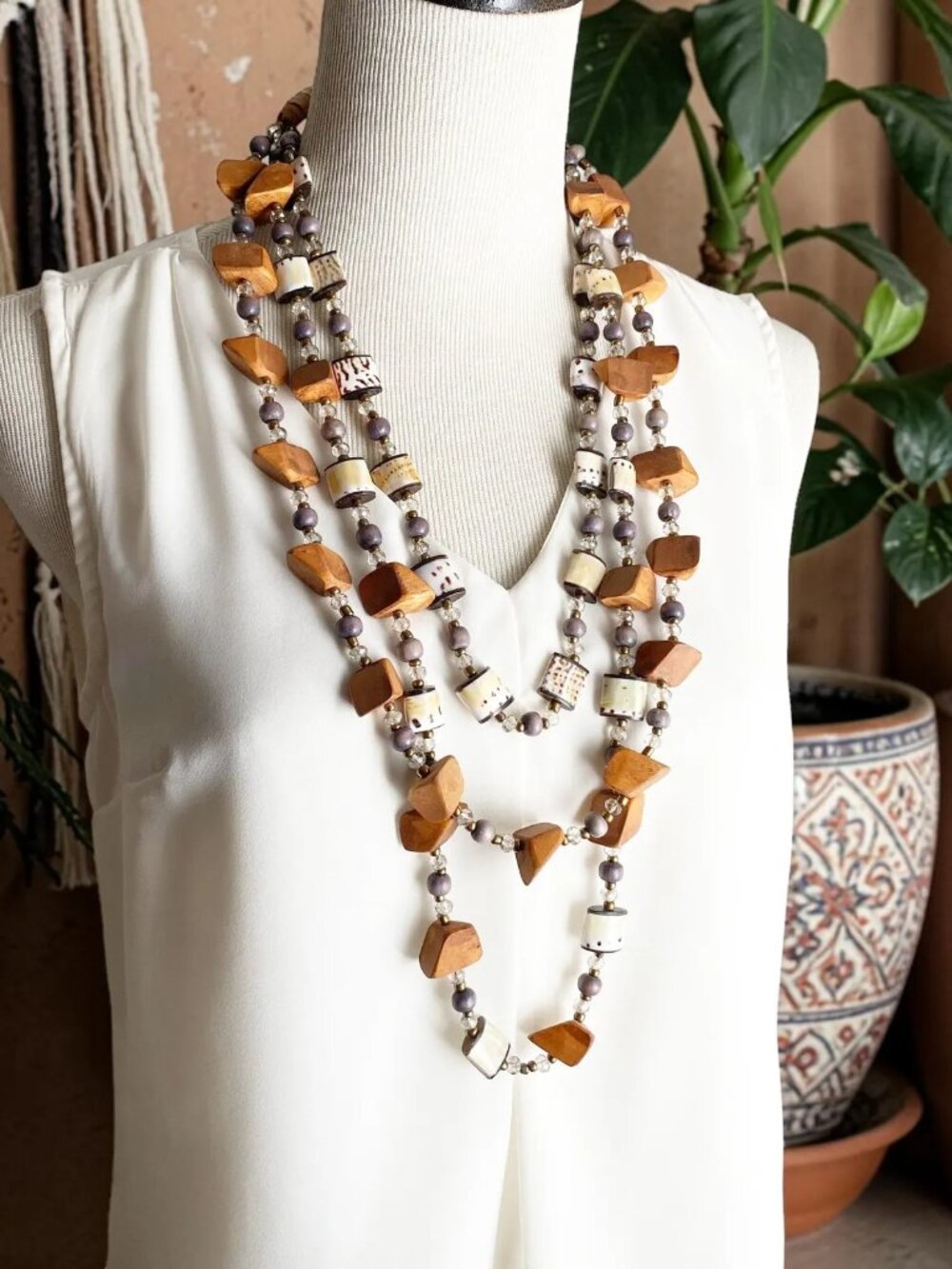 Layered Statement Necklace with Wood Beads | Bohemian Design